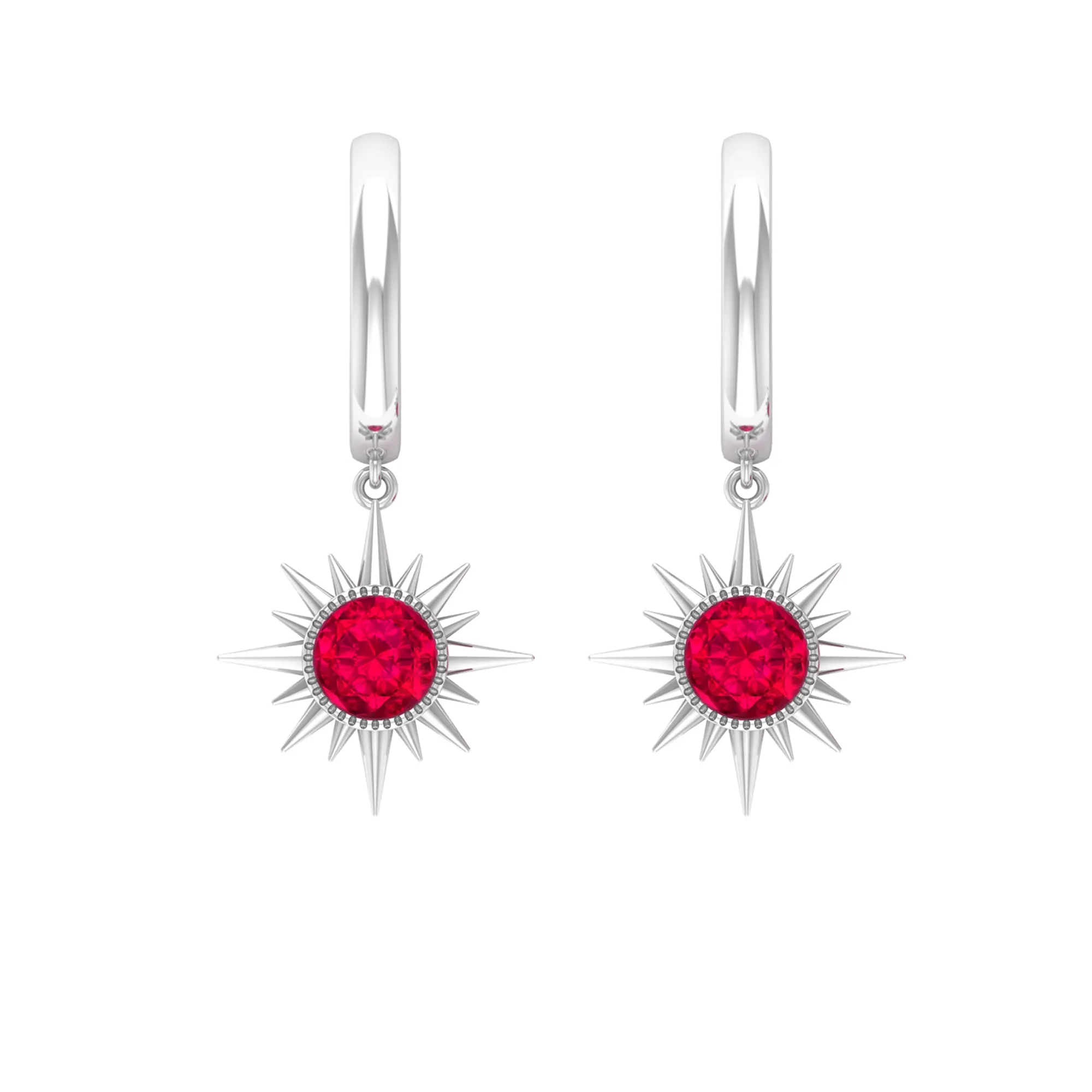 Bezel Set Created Ruby Sunburst Hoop Drop Earrings