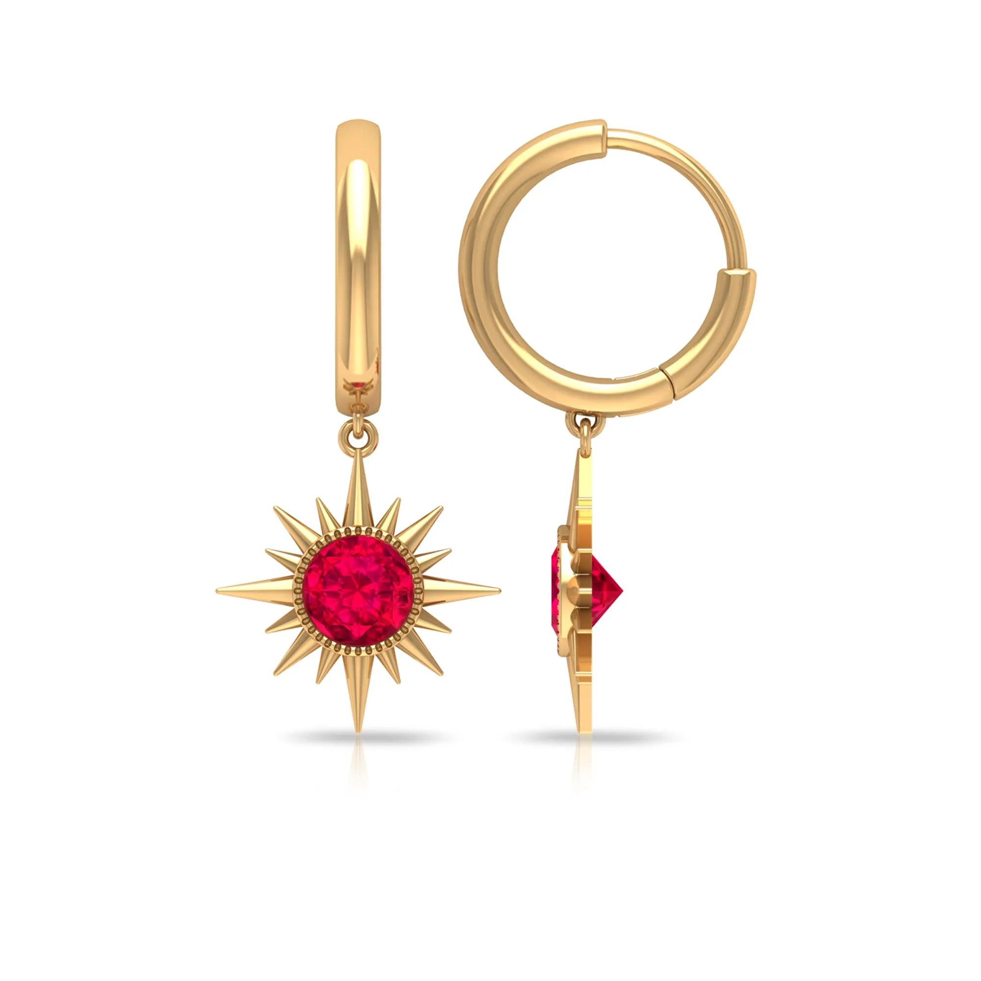 Bezel Set Created Ruby Sunburst Hoop Drop Earrings