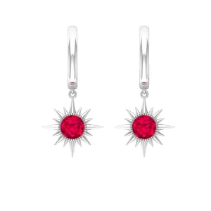 Bezel Set Created Ruby Sunburst Hoop Drop Earrings