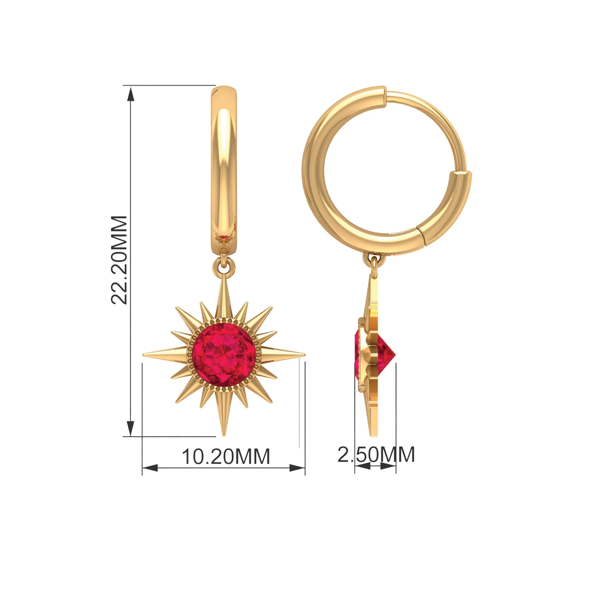 Bezel Set Created Ruby Sunburst Hoop Drop Earrings