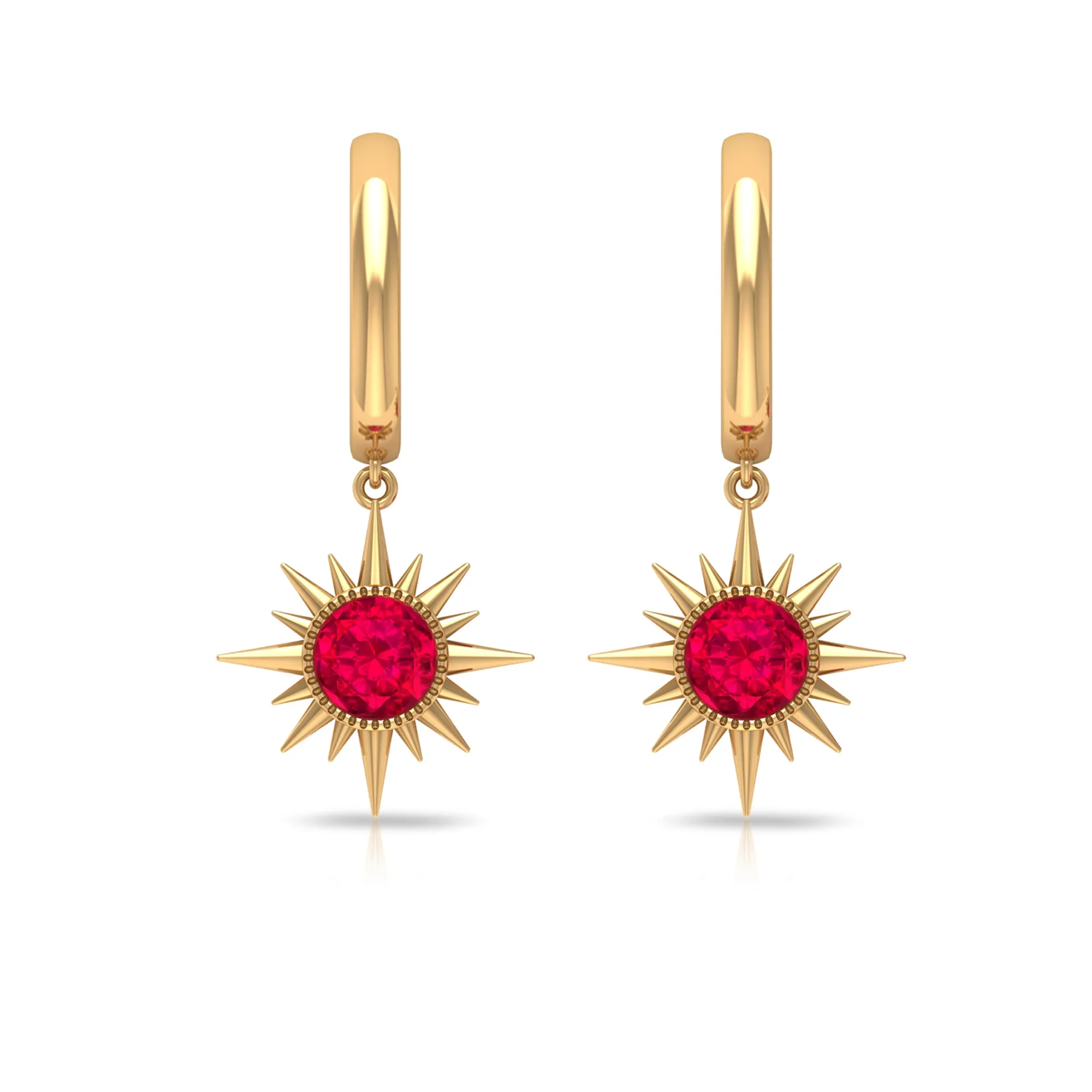 Bezel Set Created Ruby Sunburst Hoop Drop Earrings