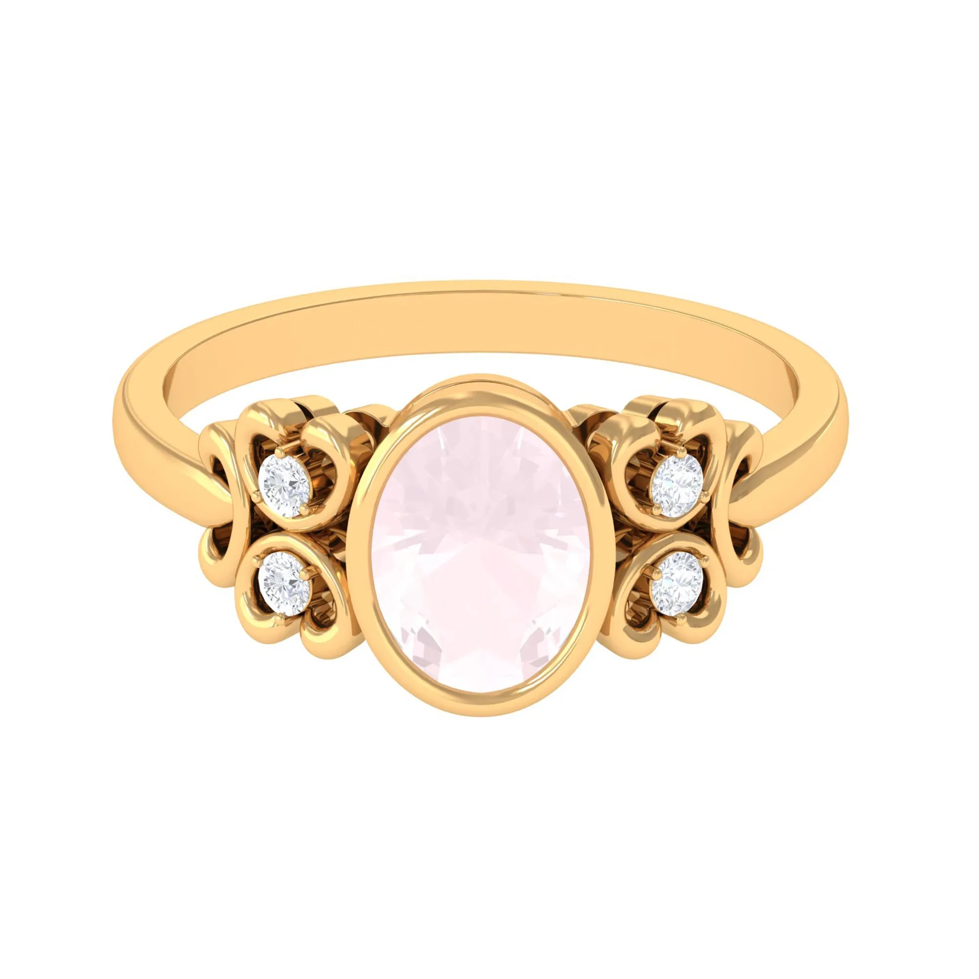 Bezel Set Oval Rose Quartz Statement Engagement Ring with Diamond