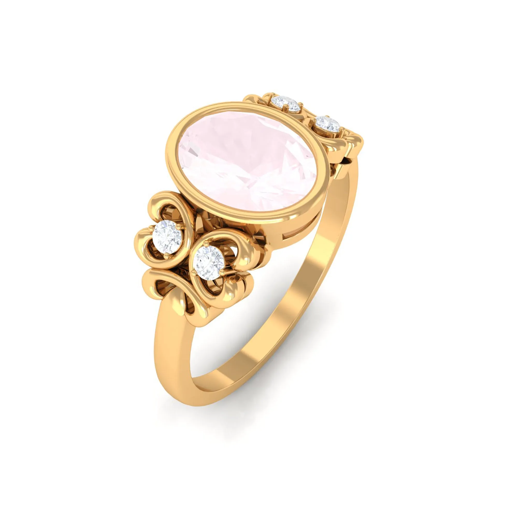 Bezel Set Oval Rose Quartz Statement Engagement Ring with Diamond