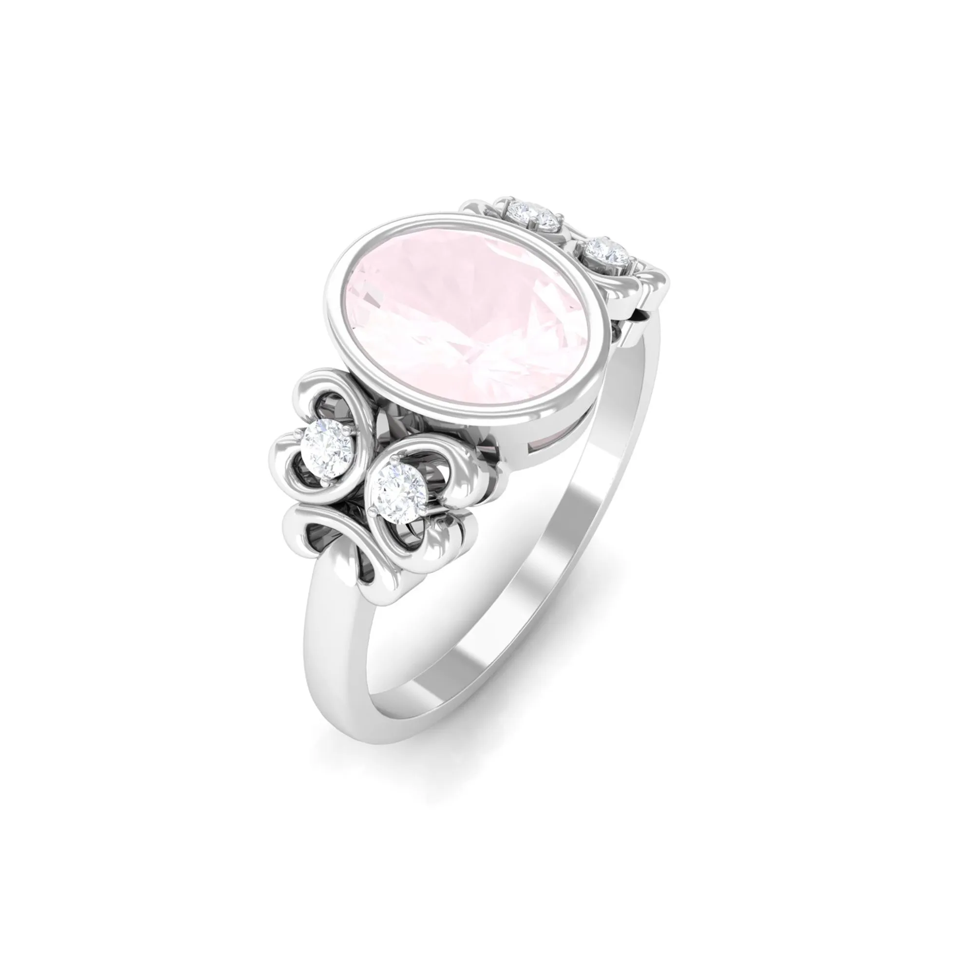 Bezel Set Oval Rose Quartz Statement Engagement Ring with Diamond