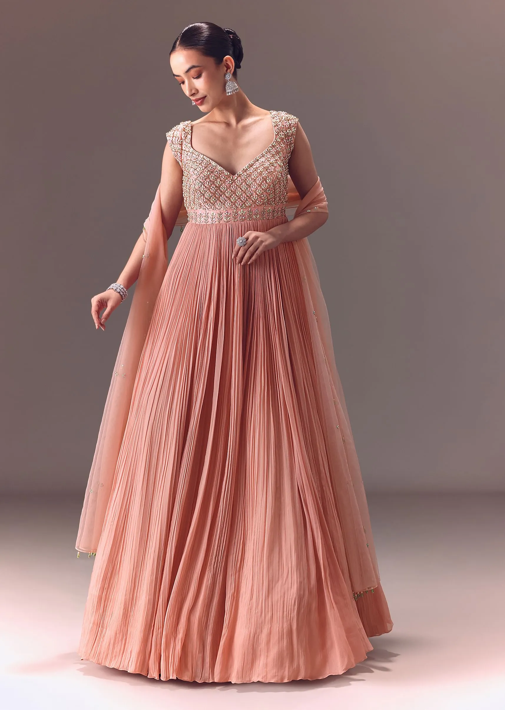 Blush Pink Ruched Anarkali Gown With Dupatta
