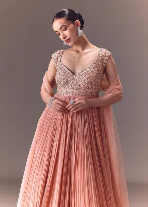 Blush Pink Ruched Anarkali Gown With Dupatta