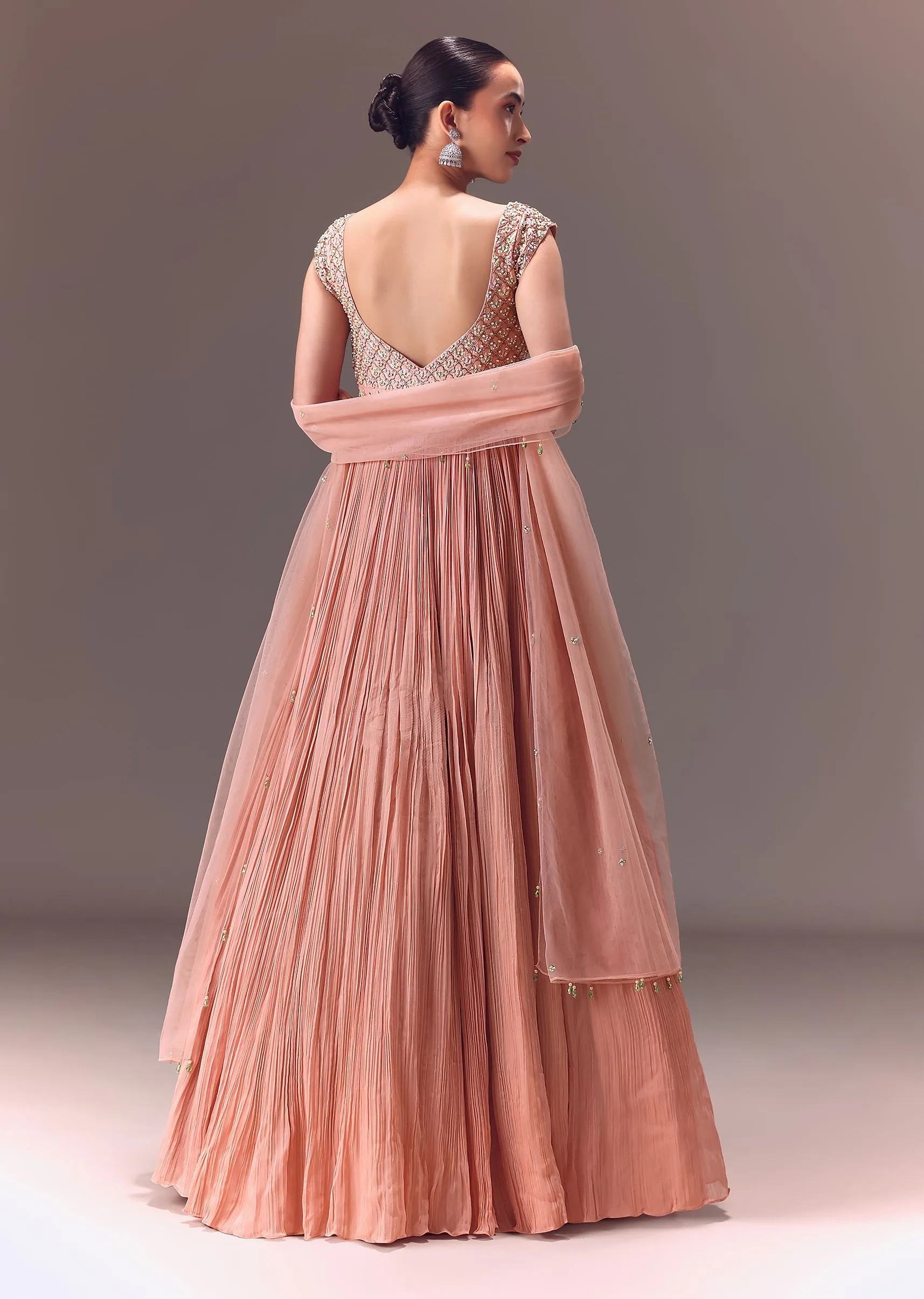 Blush Pink Ruched Anarkali Gown With Dupatta