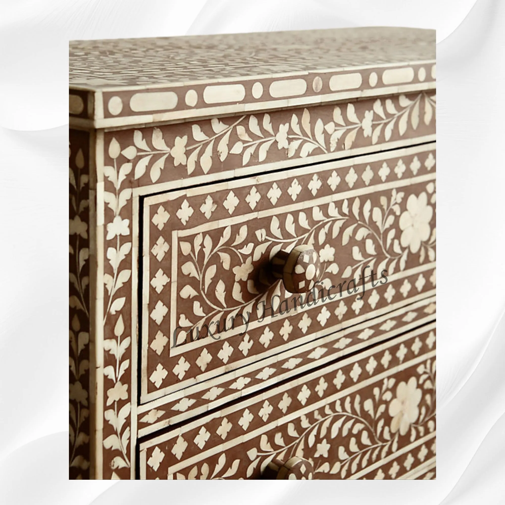 Bone Inlay 3 Drawer Chest Floral Design Brown