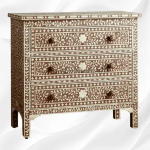 Bone Inlay 3 Drawer Chest Floral Design Brown