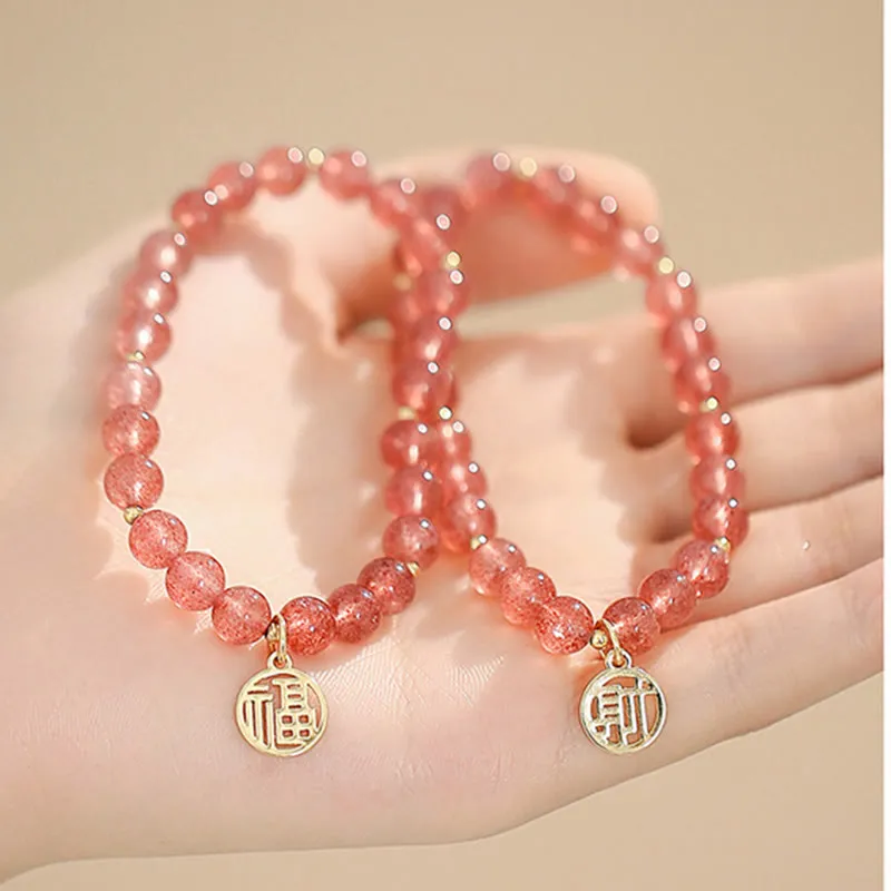 Buddha Stones 14K Gold Plated Strawberry Quartz Fu Character Healing Charm Bracelet