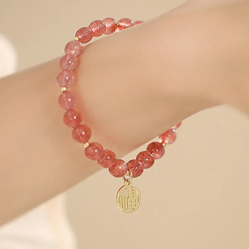 Buddha Stones 14K Gold Plated Strawberry Quartz Fu Character Healing Charm Bracelet