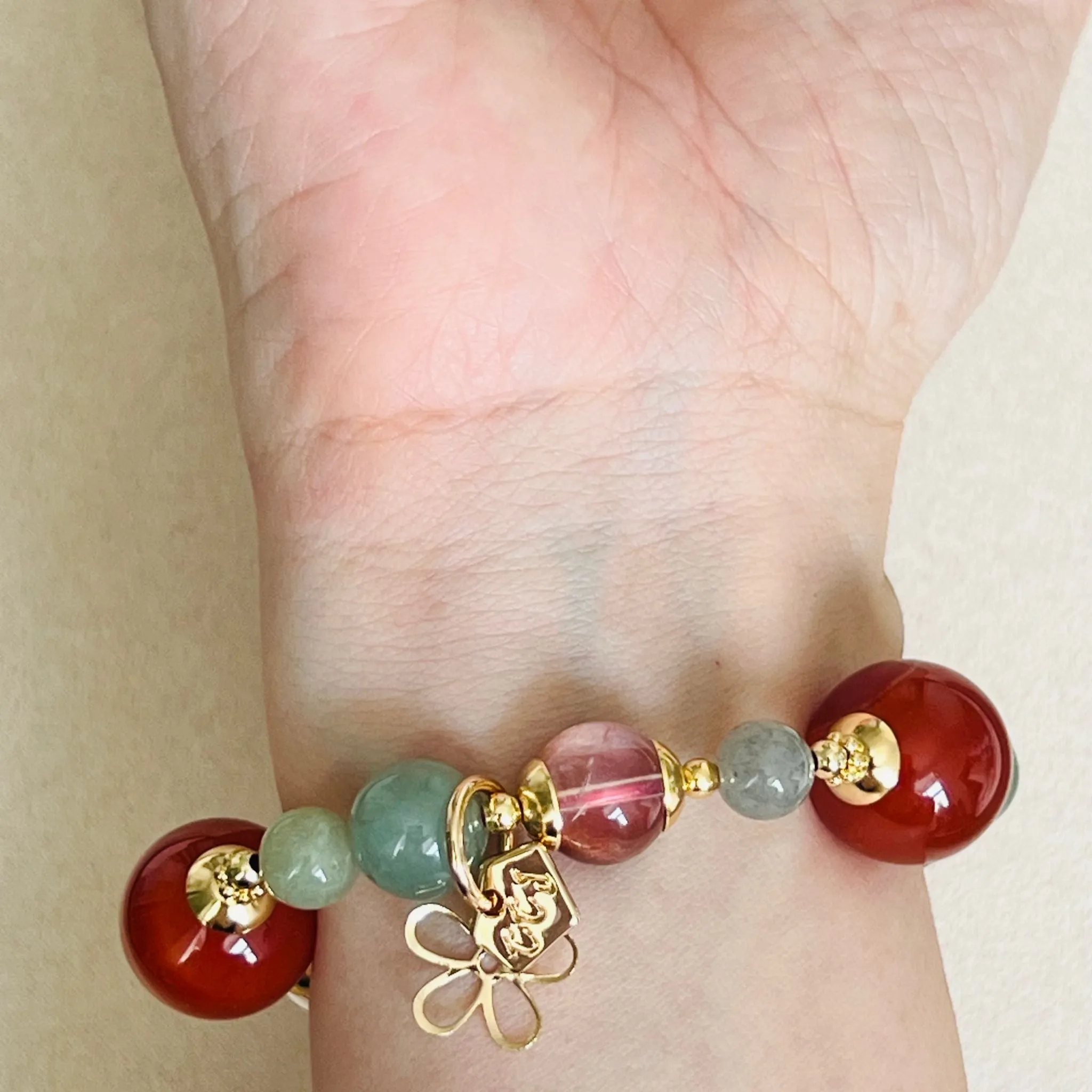 Carnelian, Red Hematoid & Olive Jade Bracelet GHW