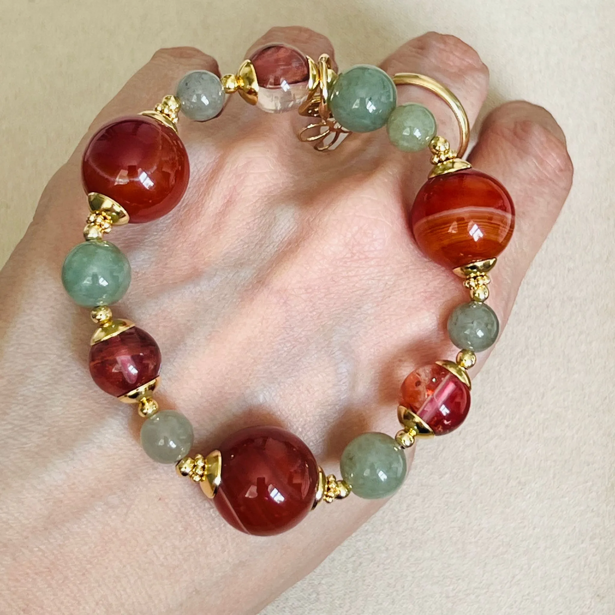Carnelian, Red Hematoid & Olive Jade Bracelet GHW