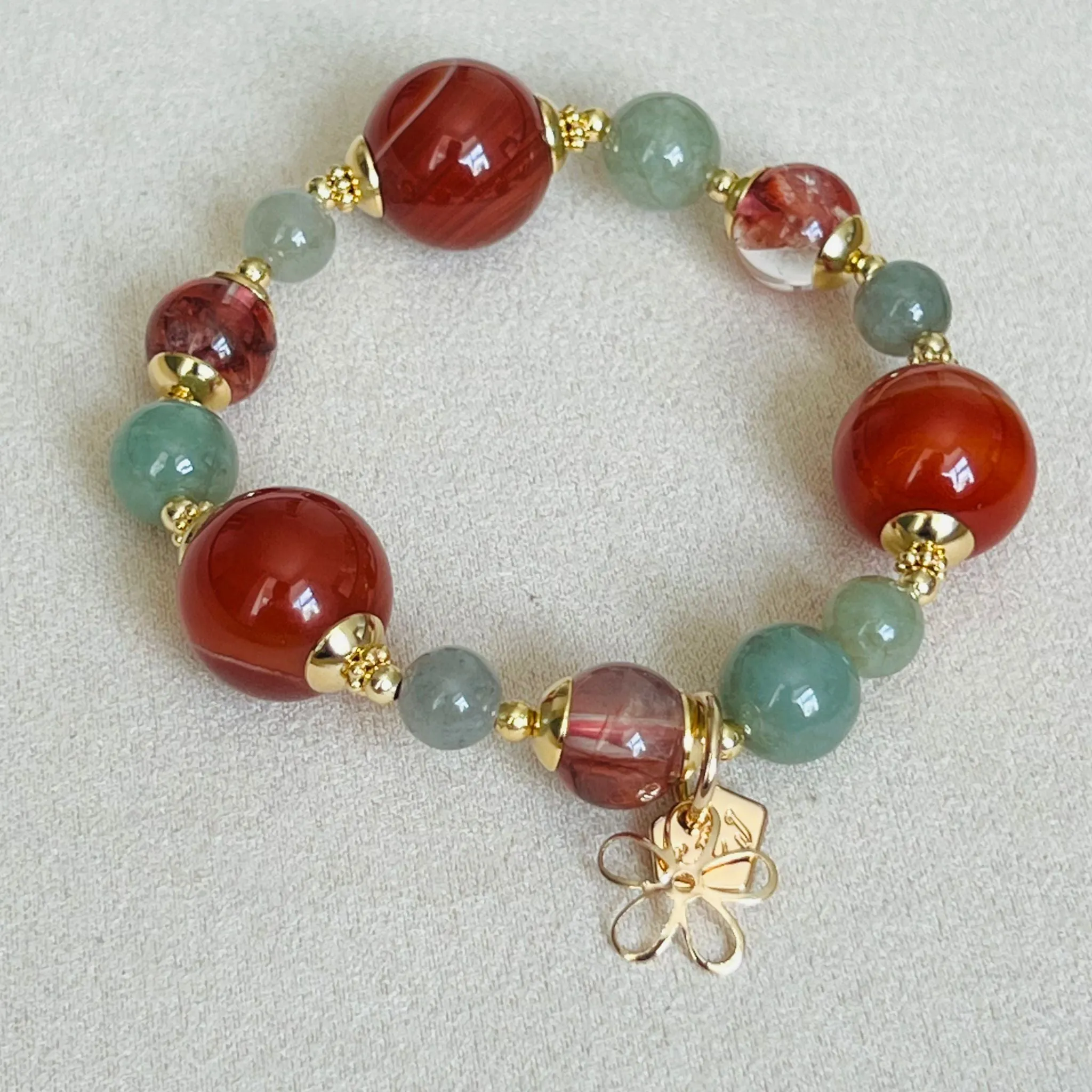 Carnelian, Red Hematoid & Olive Jade Bracelet GHW
