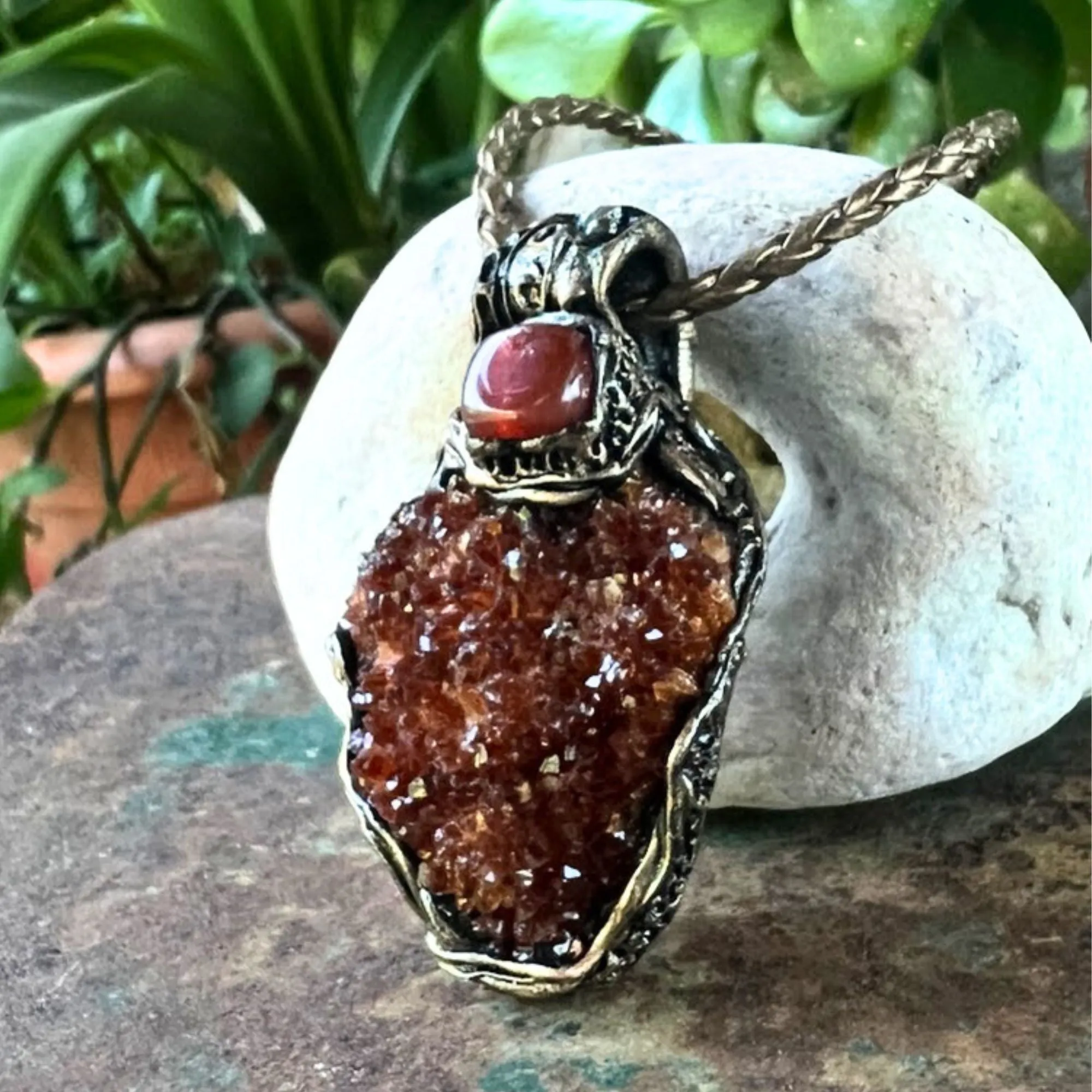 Citrine and Carnelian Geode Necklace, Raw Crystal Cluster Pendant, Good Luck Amulet