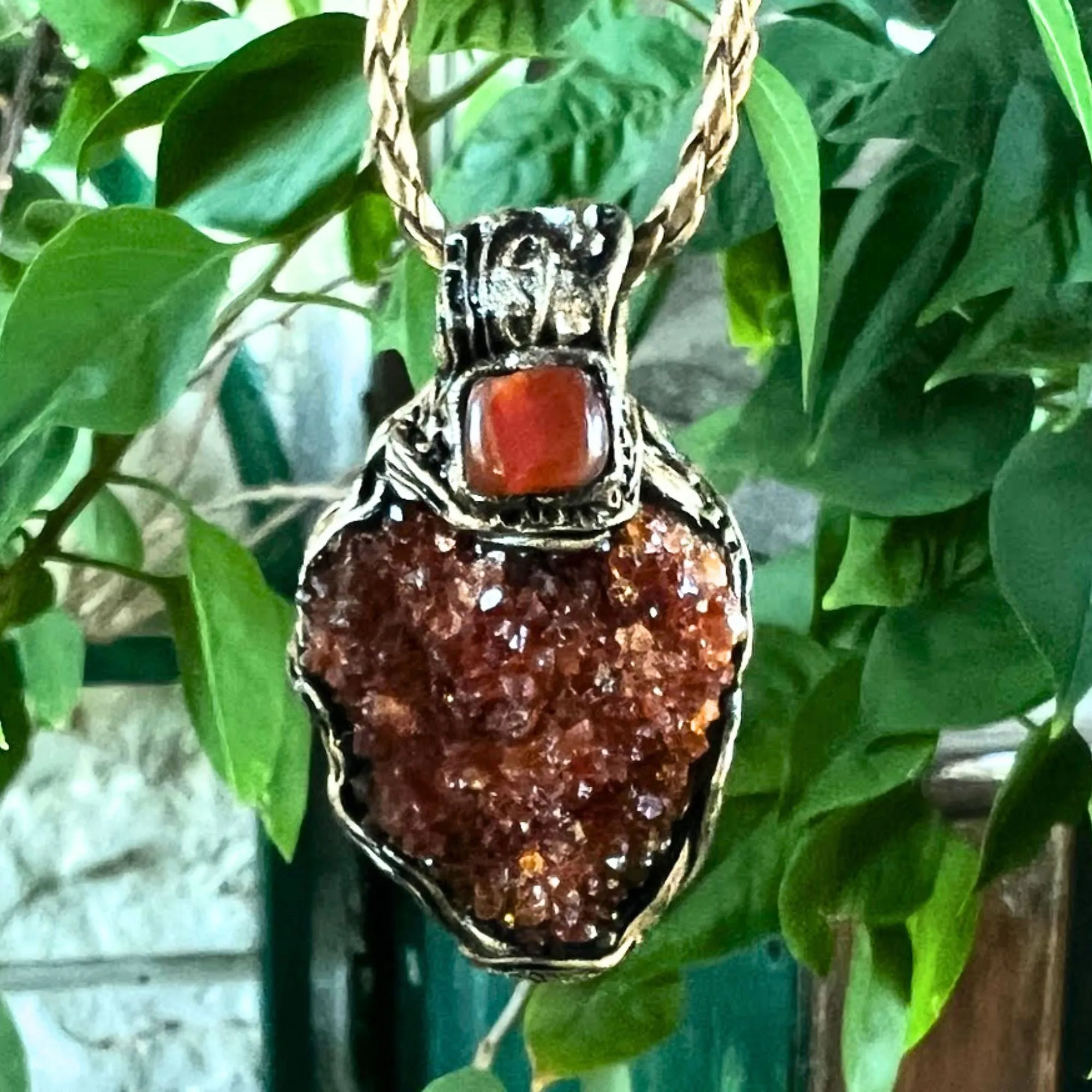 Citrine and Carnelian Geode Necklace, Raw Crystal Cluster Pendant, Good Luck Amulet