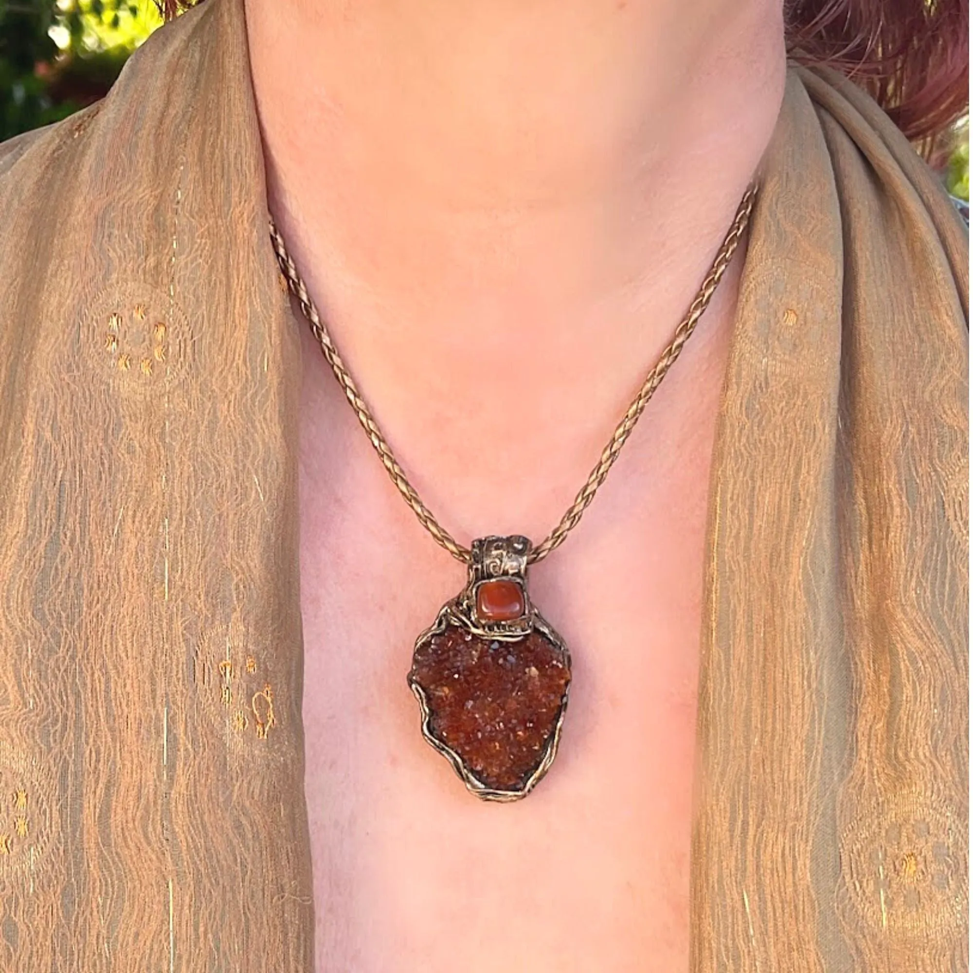 Citrine and Carnelian Geode Necklace, Raw Crystal Cluster Pendant, Good Luck Amulet