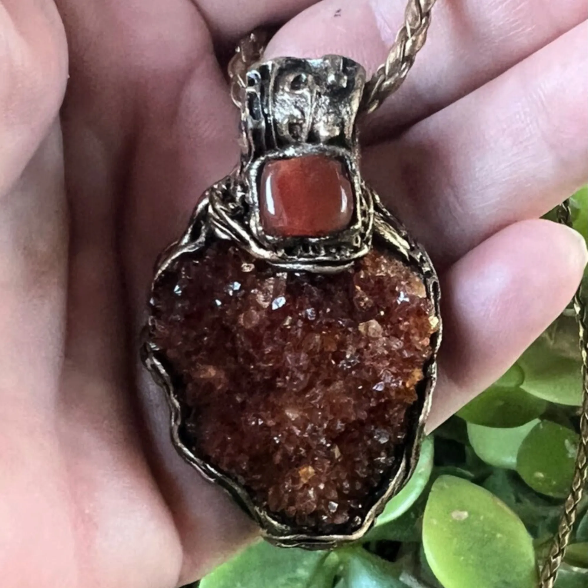 Citrine and Carnelian Geode Necklace, Raw Crystal Cluster Pendant, Good Luck Amulet