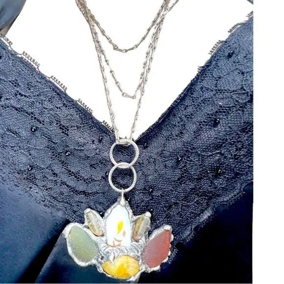 Citrine, Seaglass & Broken China Pendant, 90s Avon Chain W/ Boho Metalwork