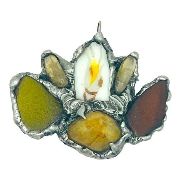 Citrine, Seaglass & Broken China Pendant, 90s Avon Chain W/ Boho Metalwork
