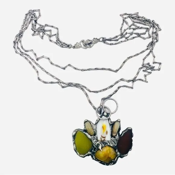 Citrine, Seaglass & Broken China Pendant, 90s Avon Chain W/ Boho Metalwork