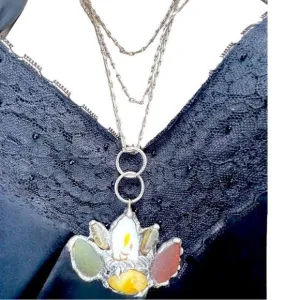 Citrine, Seaglass & Broken China Pendant, 90s Avon Chain W/ Boho Metalwork