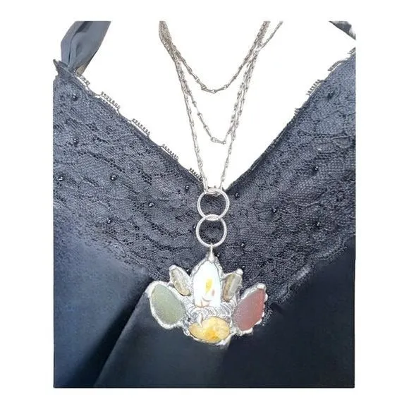Citrine, Seaglass & Broken China Pendant, 90s Avon Chain W/ Boho Metalwork