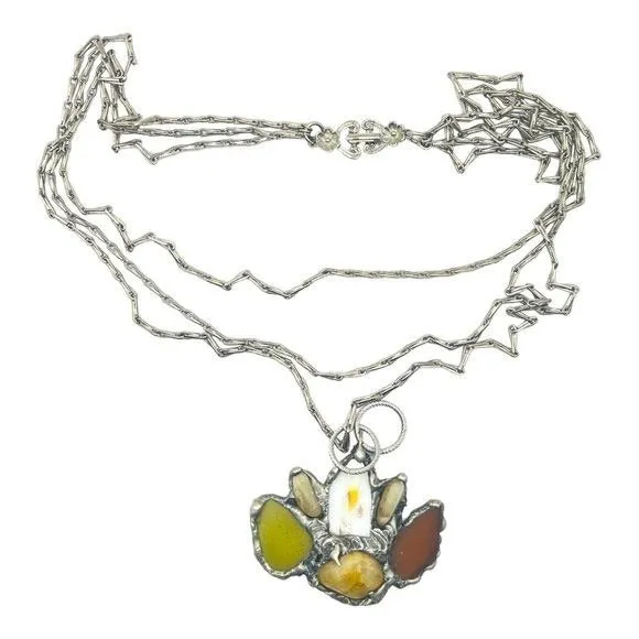 Citrine, Seaglass & Broken China Pendant, 90s Avon Chain W/ Boho Metalwork
