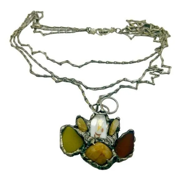 Citrine, Seaglass & Broken China Pendant, 90s Avon Chain W/ Boho Metalwork