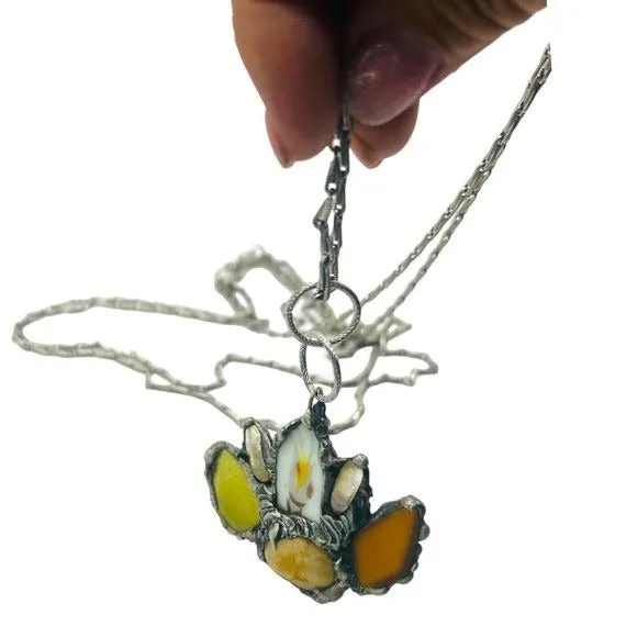 Citrine, Seaglass & Broken China Pendant, 90s Avon Chain W/ Boho Metalwork