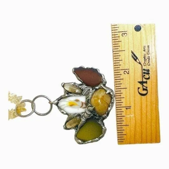 Citrine, Seaglass & Broken China Pendant, 90s Avon Chain W/ Boho Metalwork