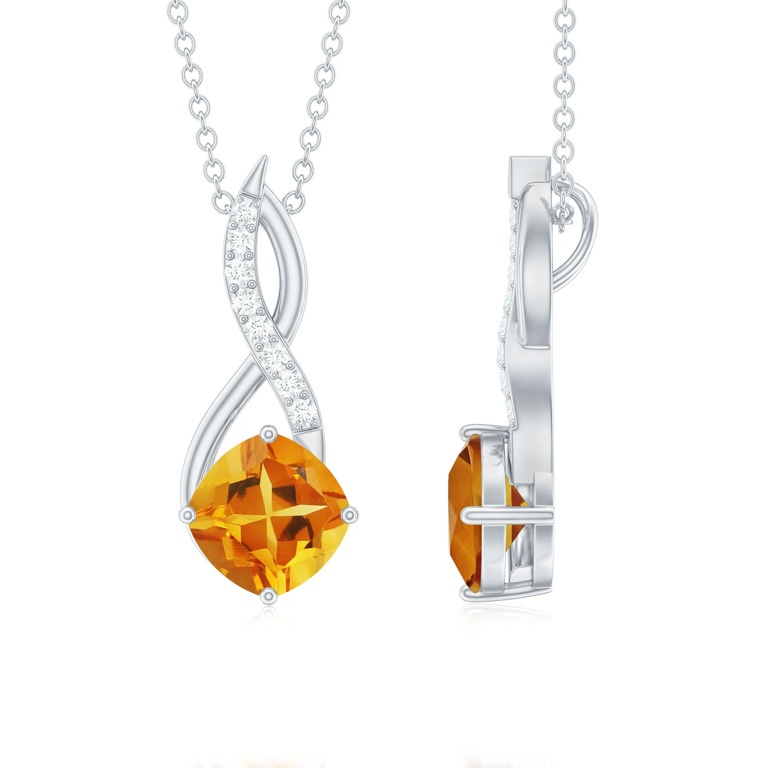 Cushion Cut Citrine Solitaire Infinity Pendant with Diamond