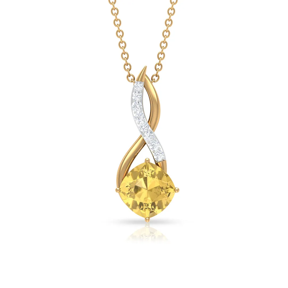 Cushion Cut Citrine Solitaire Infinity Pendant with Diamond