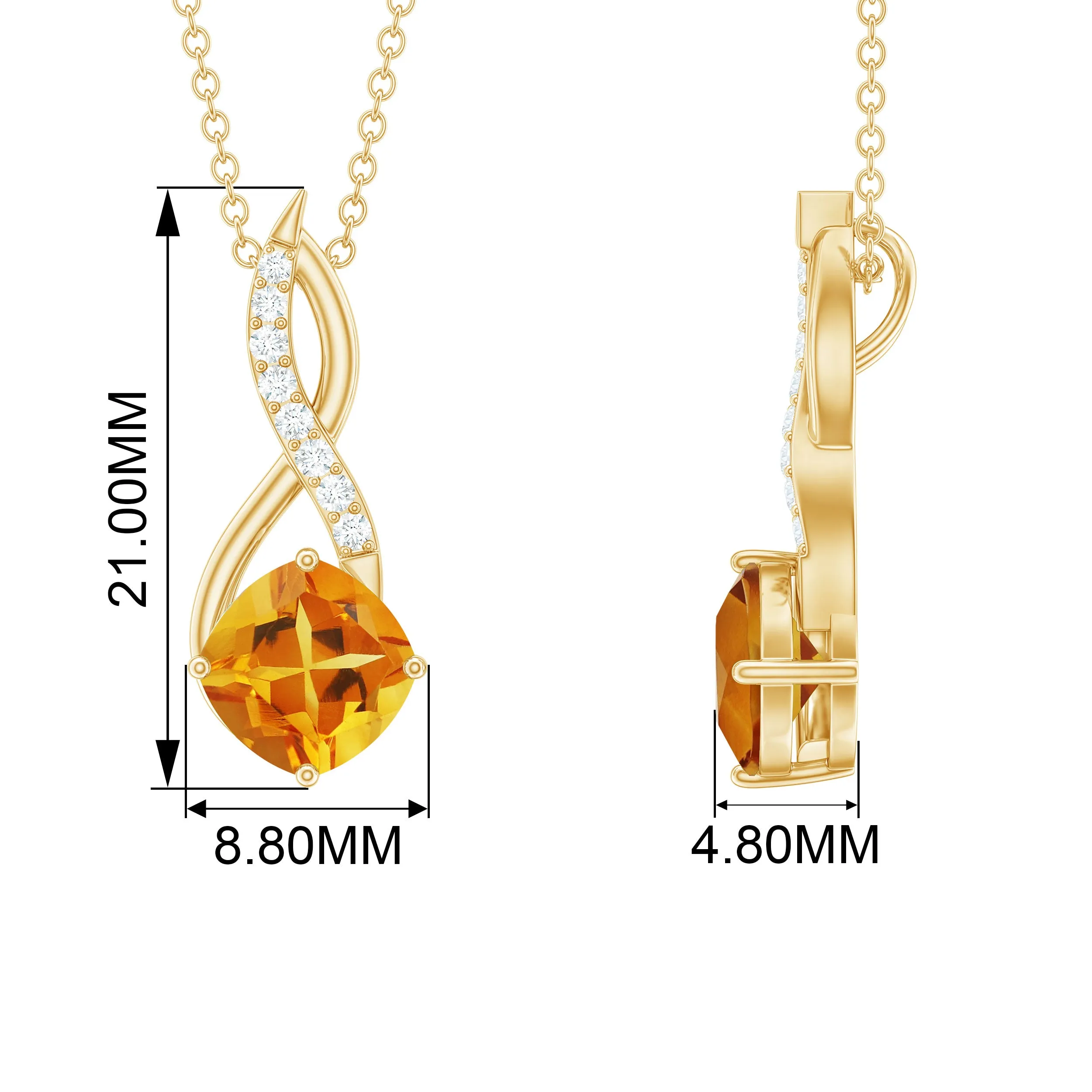 Cushion Cut Citrine Solitaire Infinity Pendant with Diamond