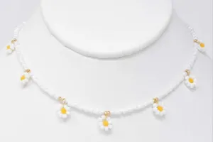 Daisy Bead Flower Necklace with White Beaded Chain