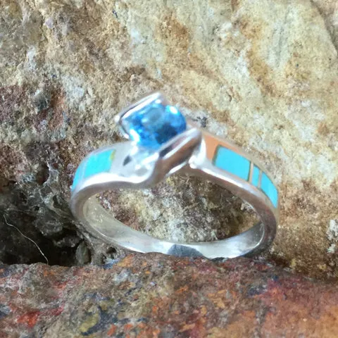 David Rosales Arizona Blue Inlaid Sterling Silver Ring Set w/ Blue Topaz