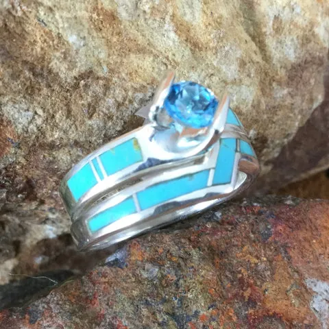 David Rosales Arizona Blue Inlaid Sterling Silver Ring Set w/ Blue Topaz