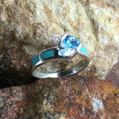 David Rosales Arizona Blue Inlaid Sterling Silver Ring Set w/ Blue Topaz
