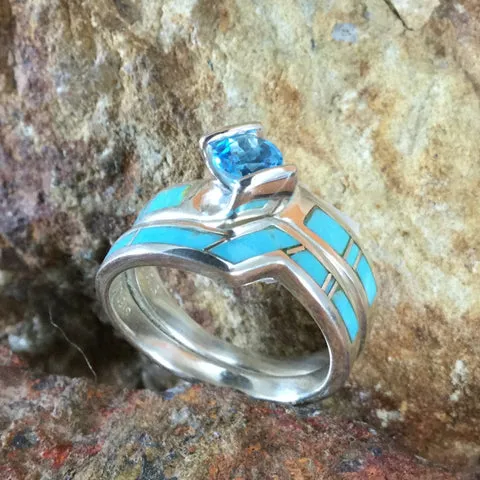 David Rosales Arizona Blue Inlaid Sterling Silver Ring Set w/ Blue Topaz