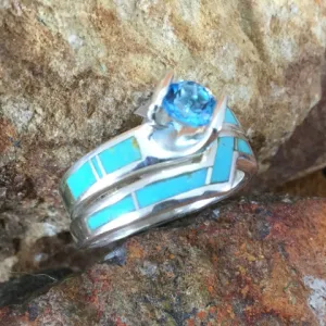 David Rosales Arizona Blue Inlaid Sterling Silver Ring Set w/ Blue Topaz