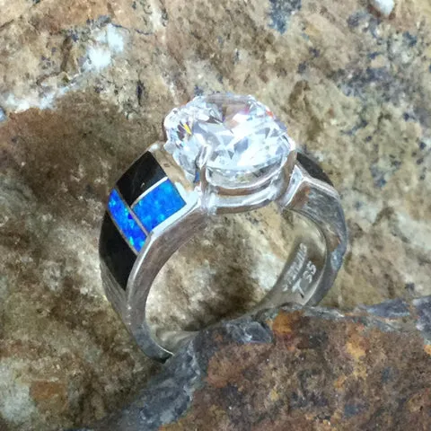 David Rosales Black Beauty Inlaid Sterling Silver Ring w/ Cubic Zirconia