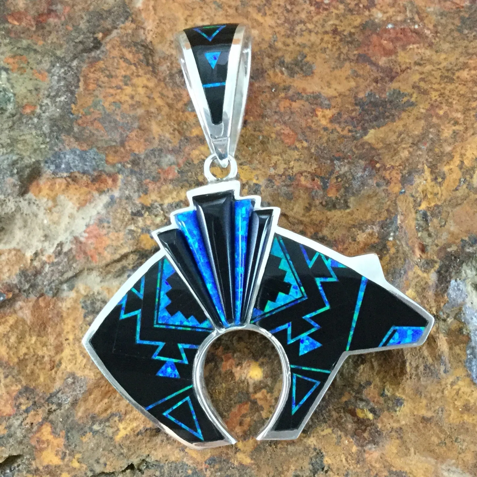David Rosales Indian Summer Inlaid Sterling Silver Pendant Bear Reversible