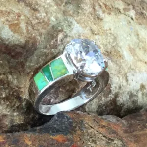 David Rosales Sonoran Gold Inlaid Sterling Silver Ring with Large Cubic Zirconia