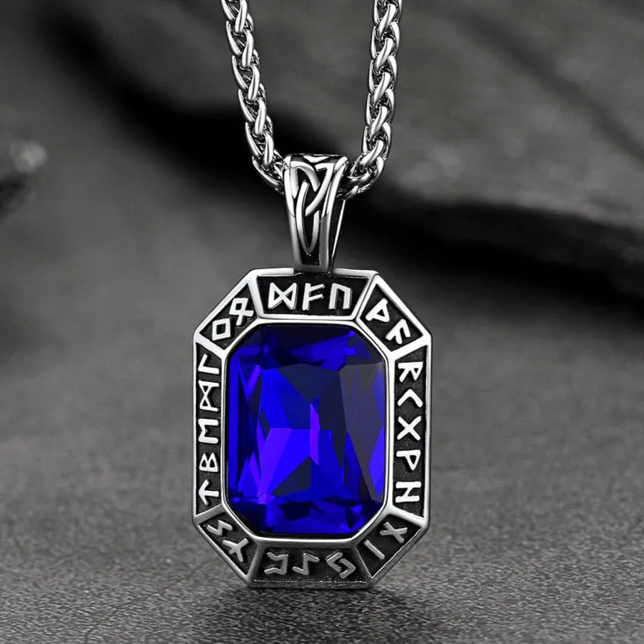 Engraved Gemstone Dog Tag Necklace with Viking Runes For Men