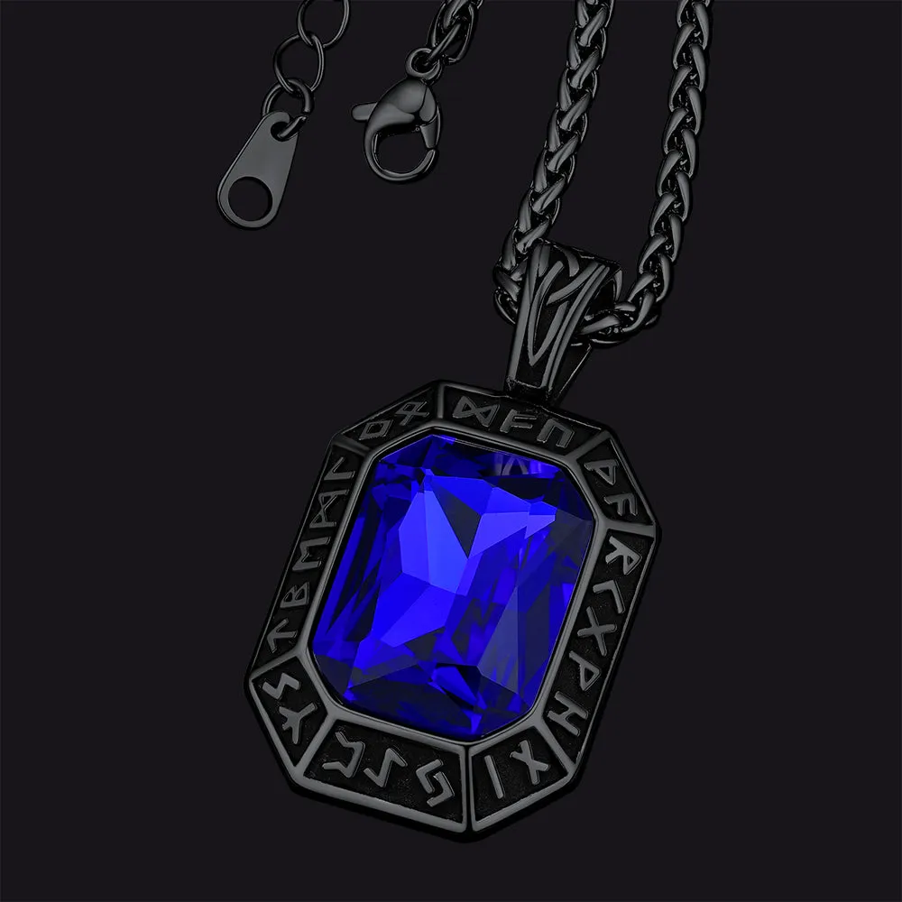 Engraved Gemstone Dog Tag Necklace with Viking Runes For Men