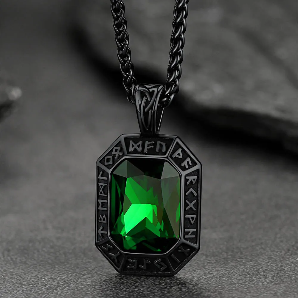 Engraved Gemstone Dog Tag Necklace with Viking Runes For Men