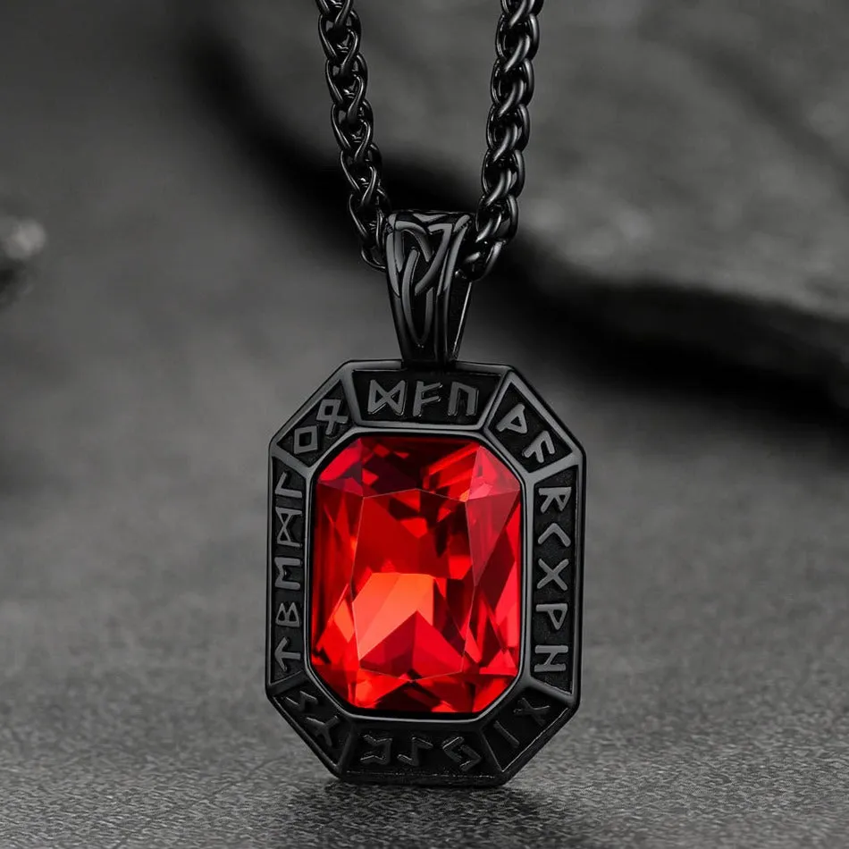 Engraved Gemstone Dog Tag Necklace with Viking Runes For Men