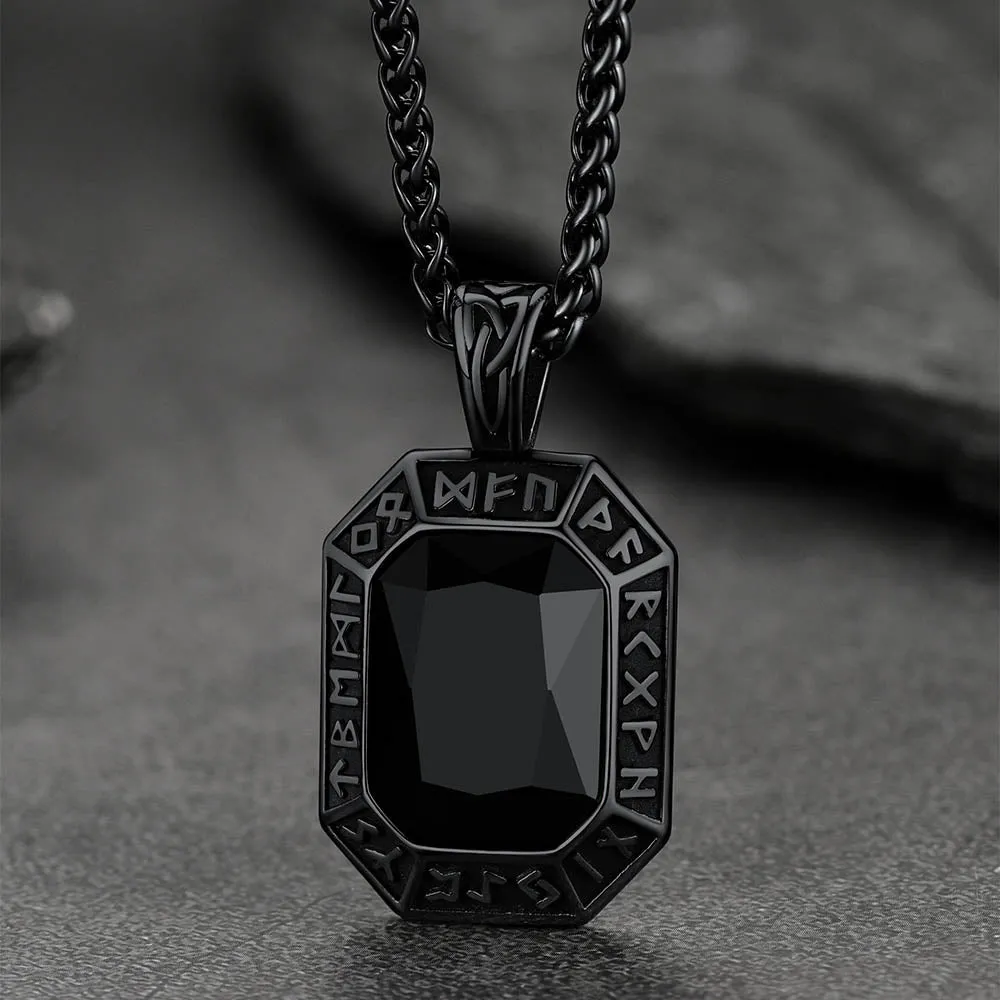 Engraved Gemstone Dog Tag Necklace with Viking Runes For Men