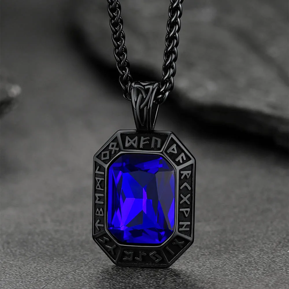 Engraved Gemstone Dog Tag Necklace with Viking Runes For Men