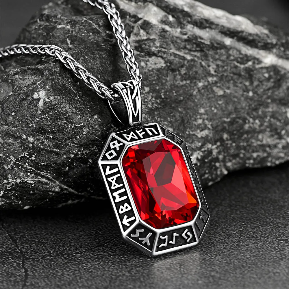 Engraved Gemstone Dog Tag Necklace with Viking Runes For Men